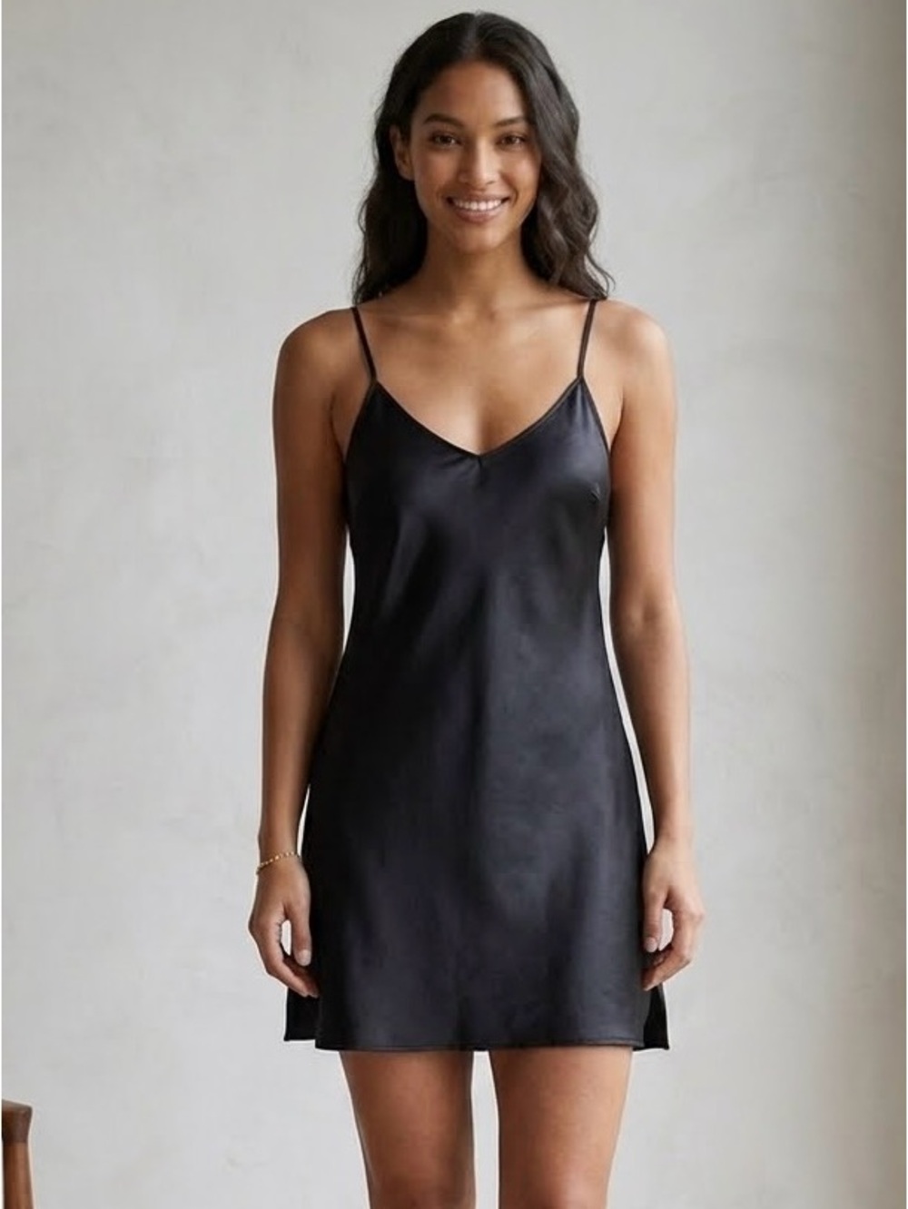 Vtg Diamond Tea Gown Black Satin Slip Dress 90’s Lingerie Chemise Coquette M